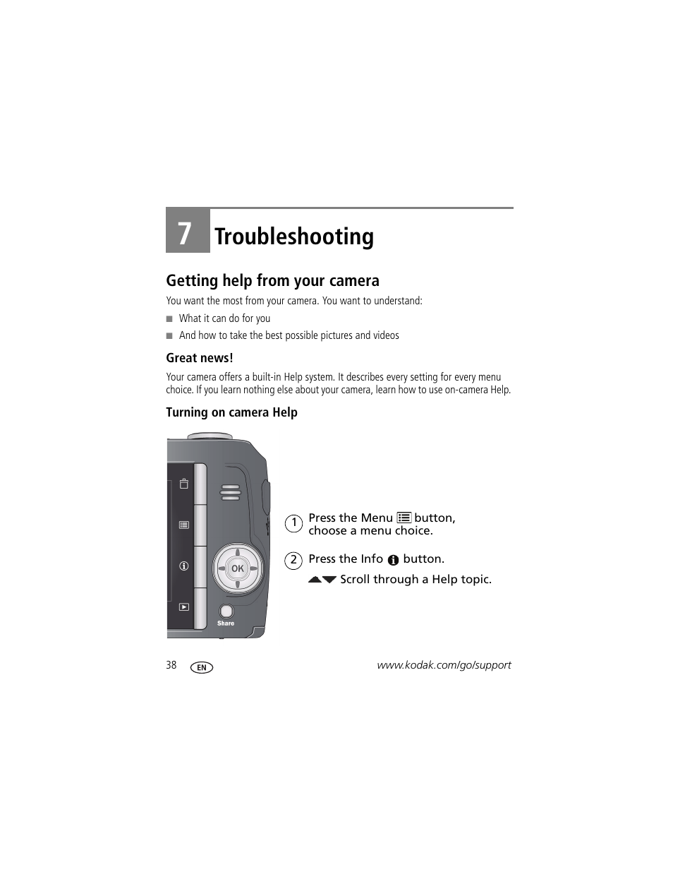 Troubleshooting, Getting help from your camera, Great news | Turning on camera help, 7 troubleshooting, Stem | Kodak EASYSHARE C142 User Manual | Page 44 / 64