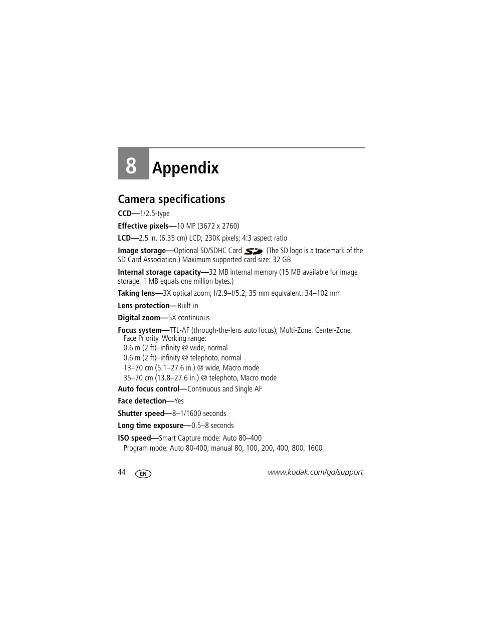 Appendix, Camera specifications, 8 appendix | Kodak EASYSHARE C142 User Manual | Page 50 / 64