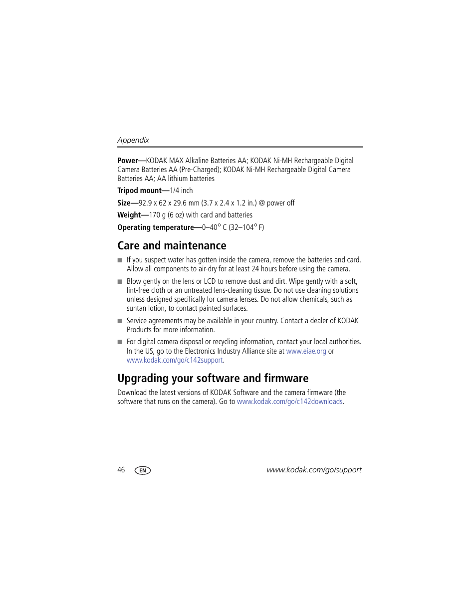 Care and maintenance, Upgrading your software and firmware, The lens | Kodak EASYSHARE C142 User Manual | Page 52 / 64