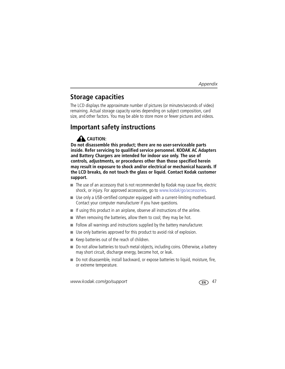 Storage capacities, Important safety instructions, Storage capacities important safety instructions | Kodak EASYSHARE C142 User Manual | Page 53 / 64