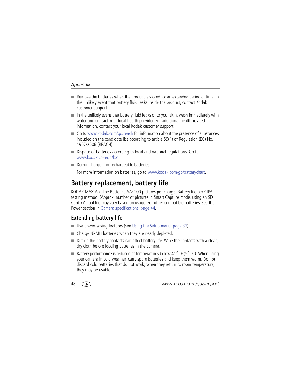 Battery replacement, battery life, Extending battery life, Alled | Kodak EASYSHARE C142 User Manual | Page 54 / 64