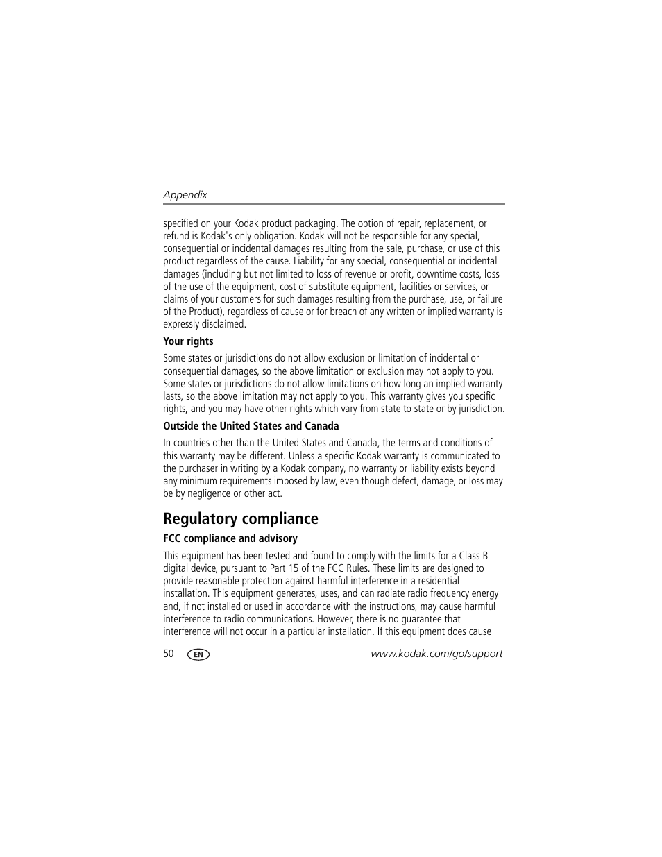Regulatory compliance | Kodak EASYSHARE C142 User Manual | Page 56 / 64
