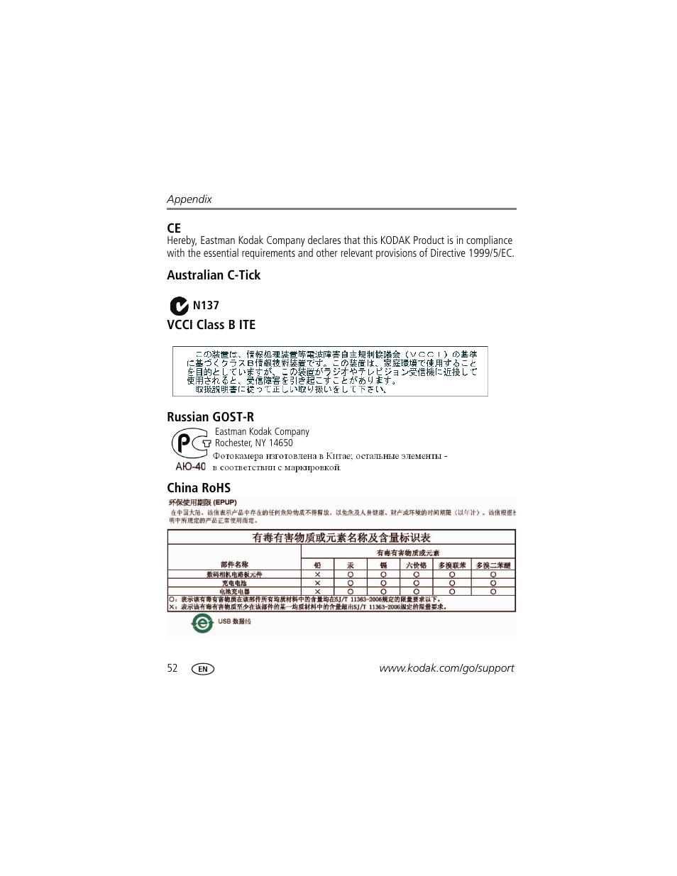 Australian c-tick, Vcci class b ite, Russian gost-r | China rohs | Kodak EASYSHARE C142 User Manual | Page 58 / 64