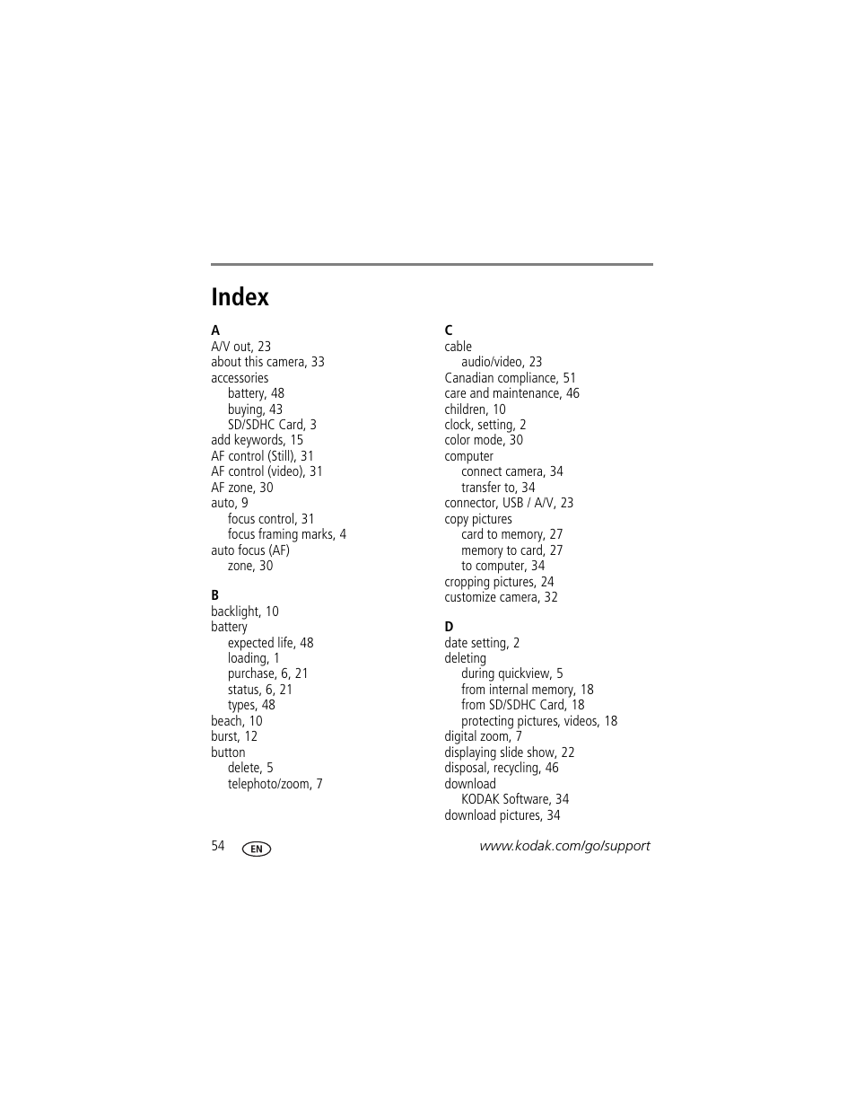 Index | Kodak EASYSHARE C142 User Manual | Page 60 / 64