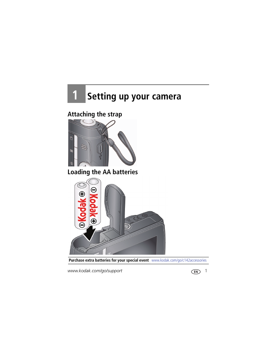 Setting up your camera, Attaching the strap, Loading the aa batteries | 1 setting up your camera, Attaching the strap loading the aa batteries | Kodak EASYSHARE C142 User Manual | Page 7 / 64