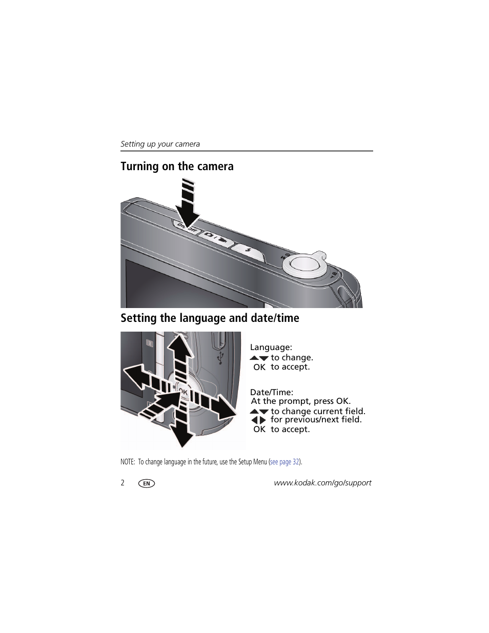 Turning on the camera, Setting the language and date/time | Kodak EASYSHARE C142 User Manual | Page 8 / 64