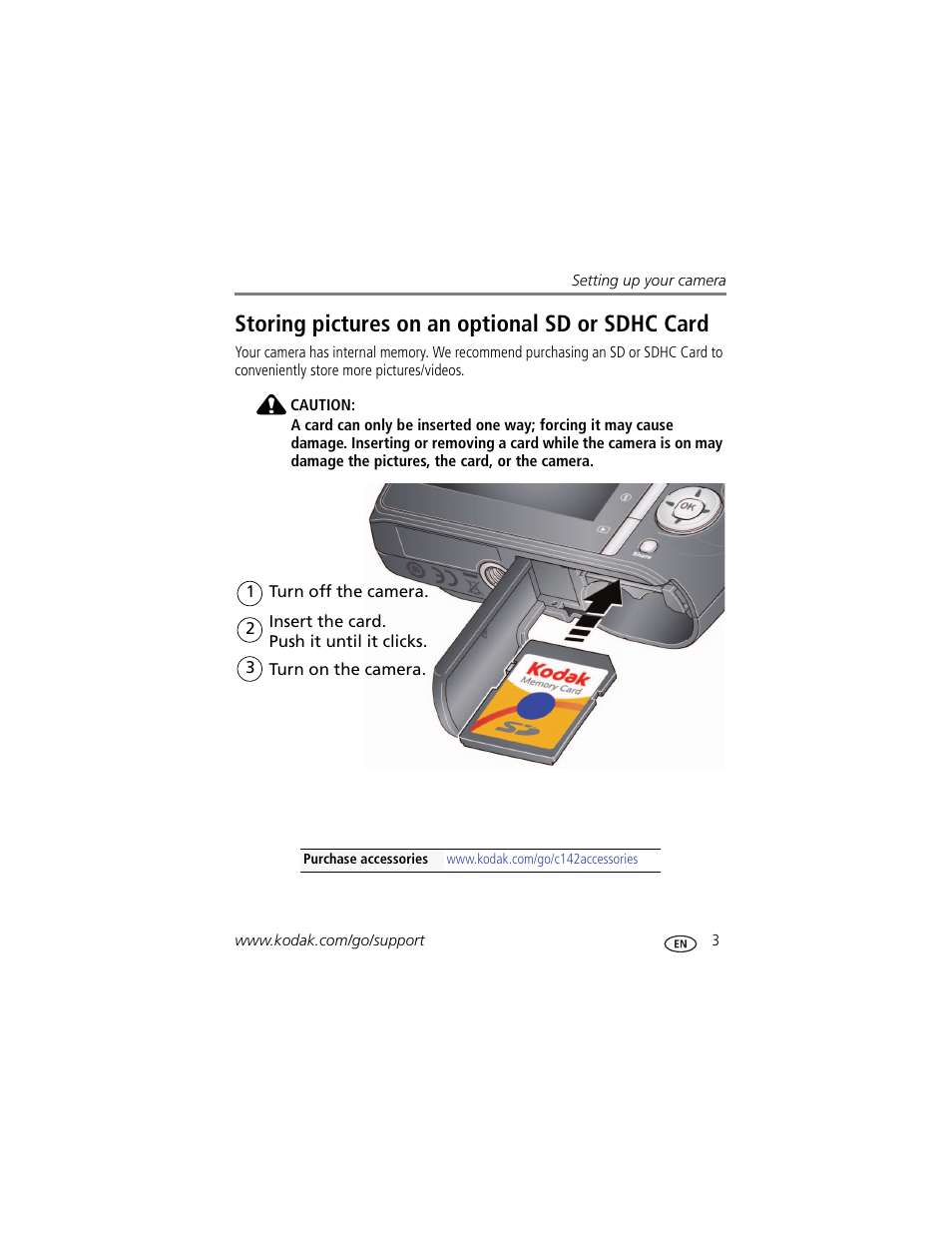 Storing pictures on an optional sd or sdhc card | Kodak EASYSHARE C142 User Manual | Page 9 / 64