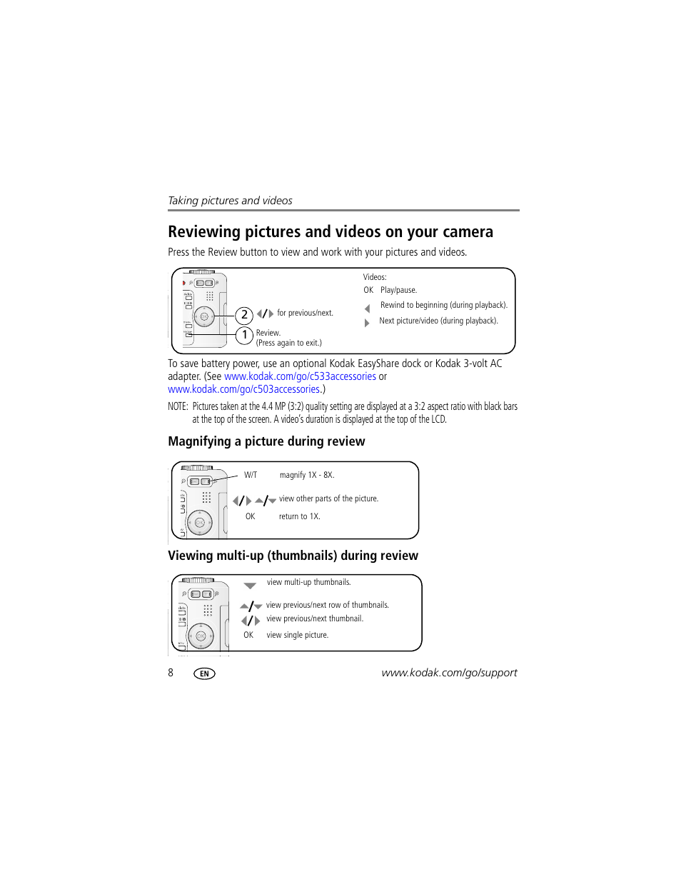 Reviewing pictures and videos on your camera, Magnifying a picture during review, Viewing multi-up (thumbnails) during review | Kodak C503  EN User Manual | Page 14 / 67