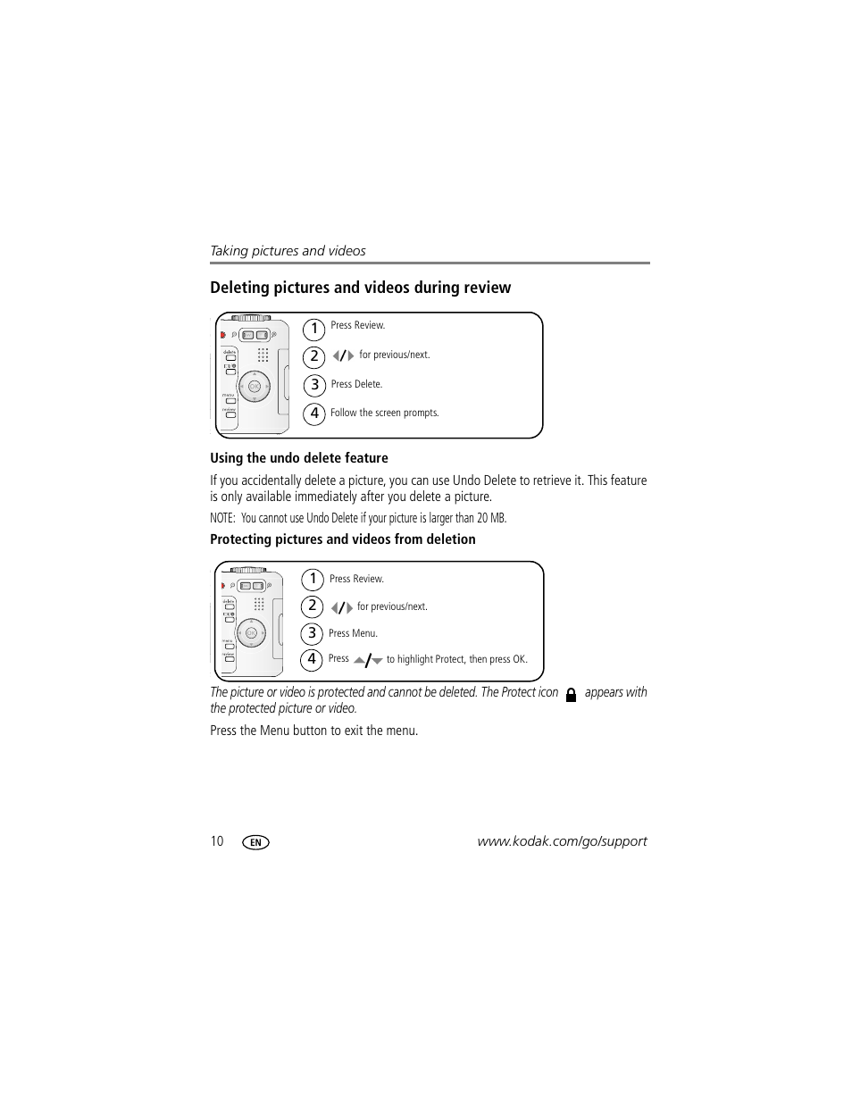 Deleting pictures and videos during review, Using the undo delete feature, Protecting pictures and videos from deletion | Kodak C503  EN User Manual | Page 16 / 67