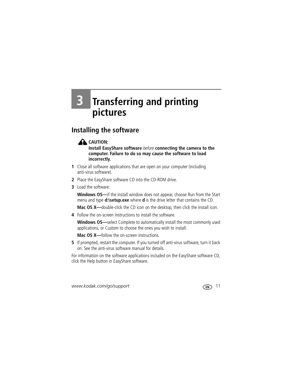 Transferring and printing pictures, Installing the software, 3 transferring and printing pictures | Kodak C503  EN User Manual | Page 17 / 67