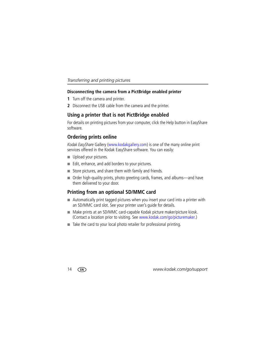 Using a printer that is not pictbridge enabled, Ordering prints online, Printing from an optional sd/mmc card | Kodak C503  EN User Manual | Page 20 / 67