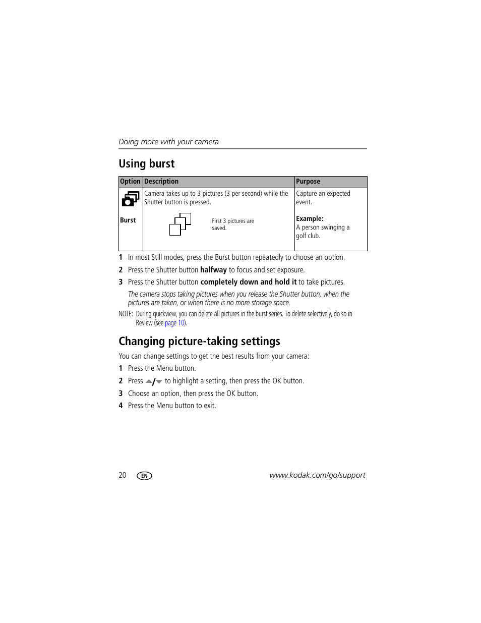 Using burst, Changing picture-taking settings, Using burst changing picture-taking settings | Kodak C503  EN User Manual | Page 26 / 67