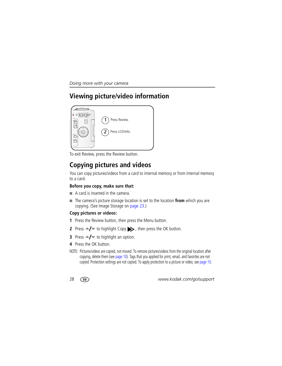 Viewing picture/video information, Copying pictures and videos | Kodak C503  EN User Manual | Page 34 / 67