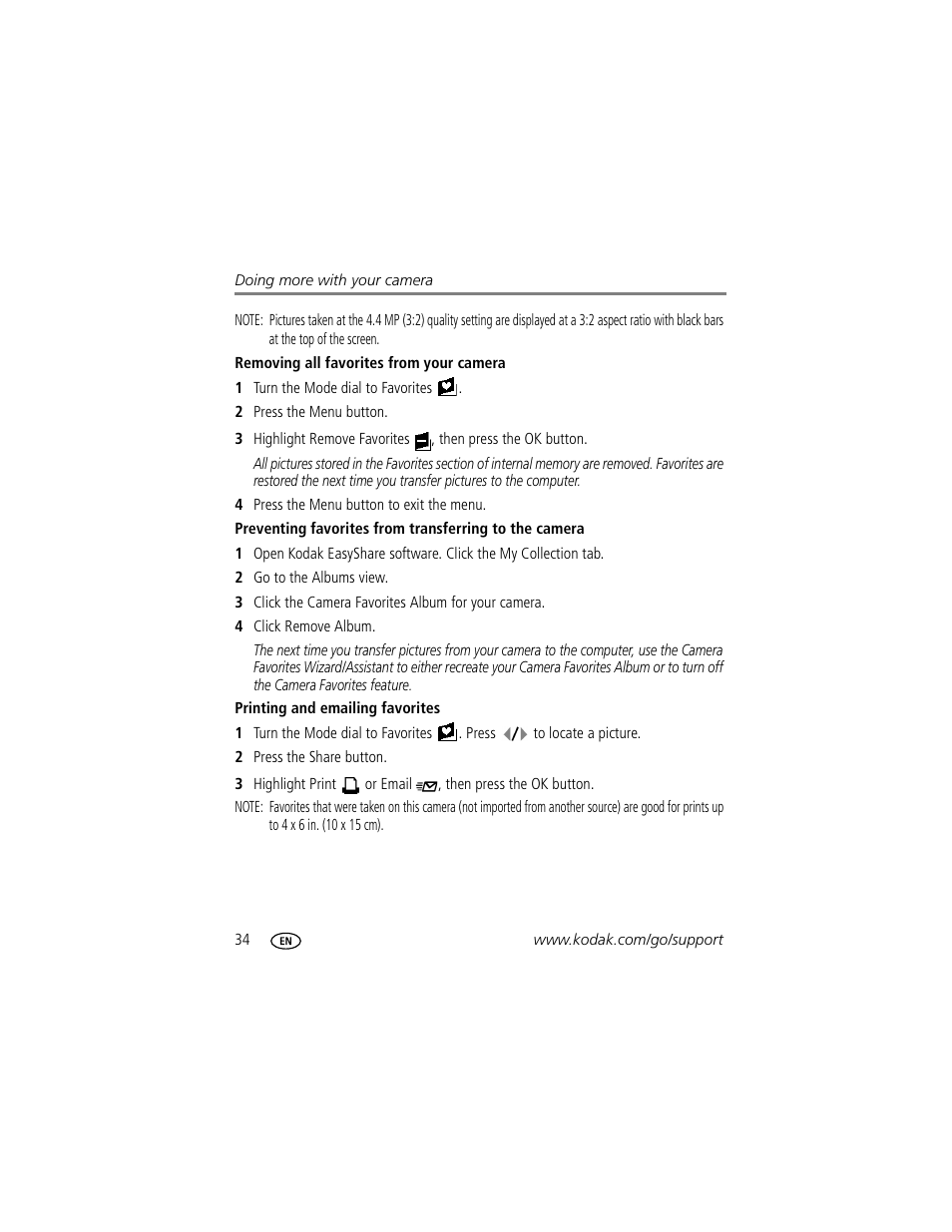 Removing all favorites from your camera, Printing and emailing favorites | Kodak C503  EN User Manual | Page 40 / 67