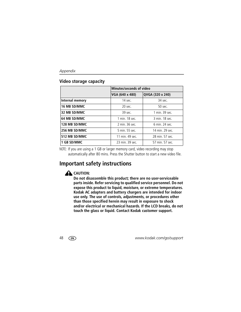 Video storage capacity, Important safety instructions | Kodak C503  EN User Manual | Page 54 / 67