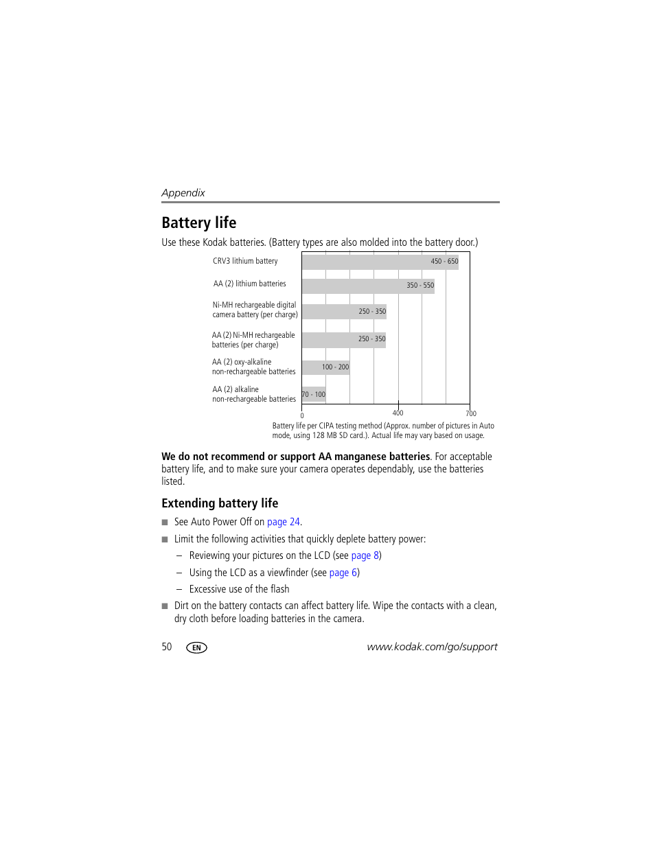 Battery life, Extending battery life | Kodak C503  EN User Manual | Page 56 / 67