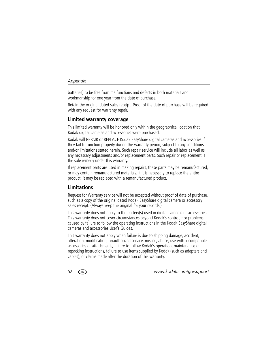 Limited warranty coverage, Limitations | Kodak C503  EN User Manual | Page 58 / 67