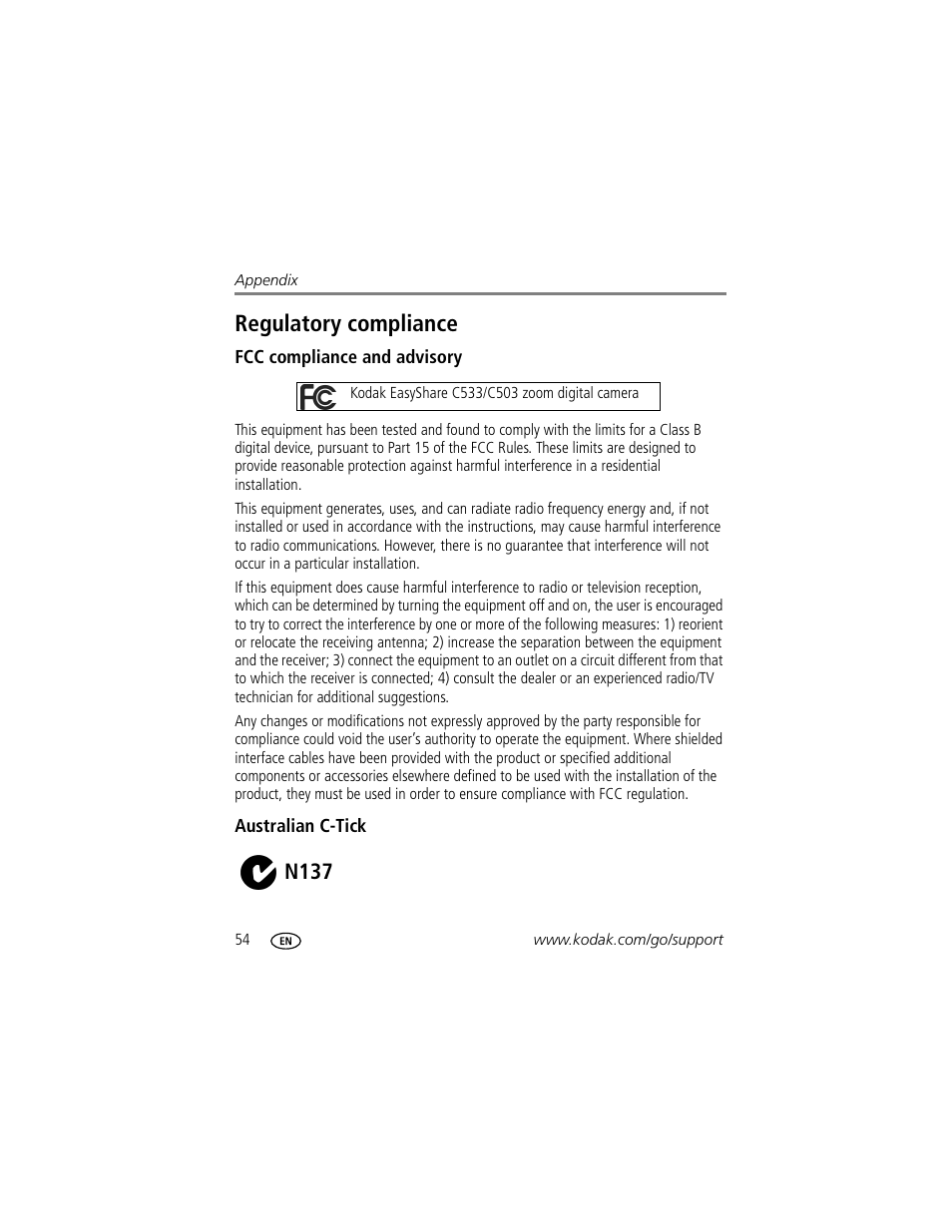 Regulatory compliance, Fcc compliance and advisory, Australian c-tick | N137 | Kodak C503  EN User Manual | Page 60 / 67