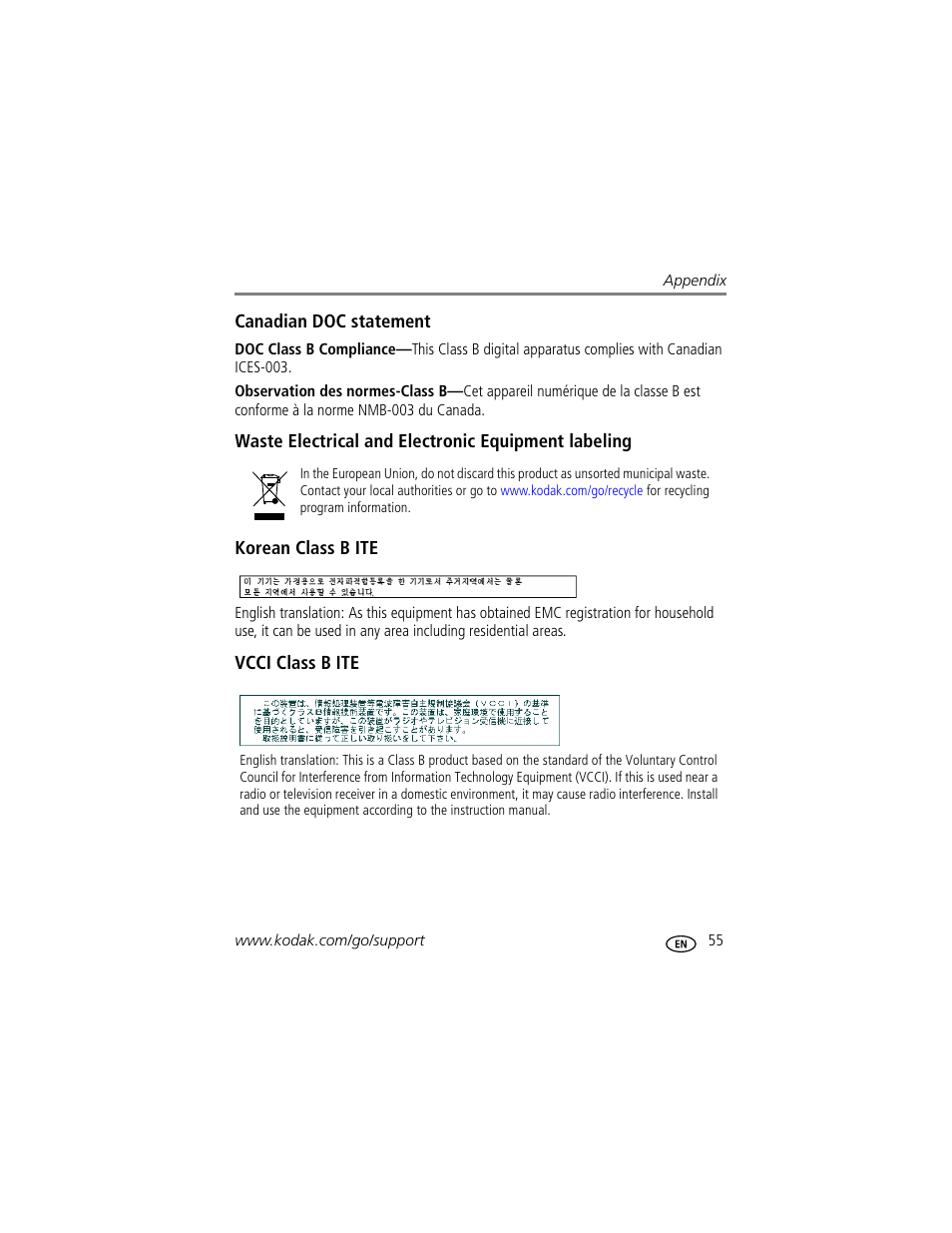 Canadian doc statement, Waste electrical and electronic equipment labeling, Korean class b ite | Vcci class b ite | Kodak C503  EN User Manual | Page 61 / 67