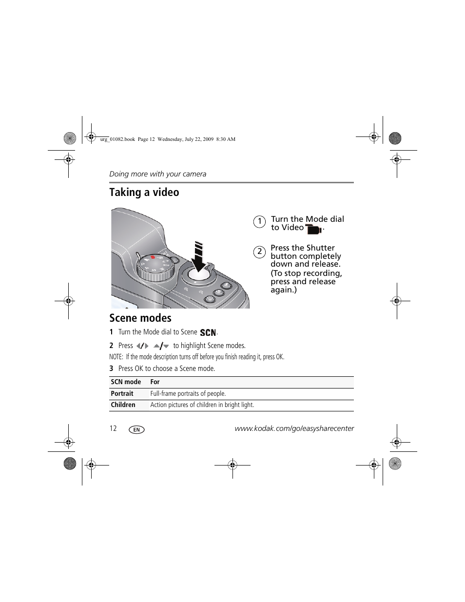 Taking a video scene modes | Kodak ZD15 User Manual | Page 12 / 27