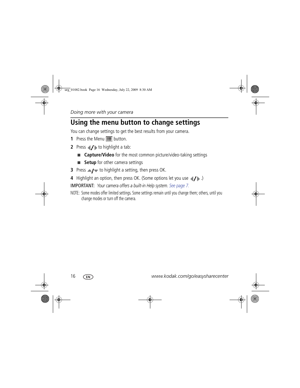 Digital zoom, Using the menu button to change settings | Kodak ZD15 User Manual | Page 16 / 27