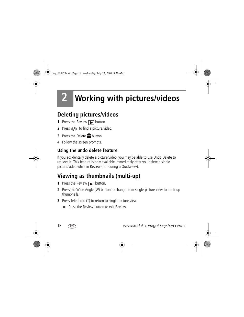 Working with pictures/videos, Deleting pictures/videos, Viewing as thumbnails (multi-up) | Kodak ZD15 User Manual | Page 18 / 27