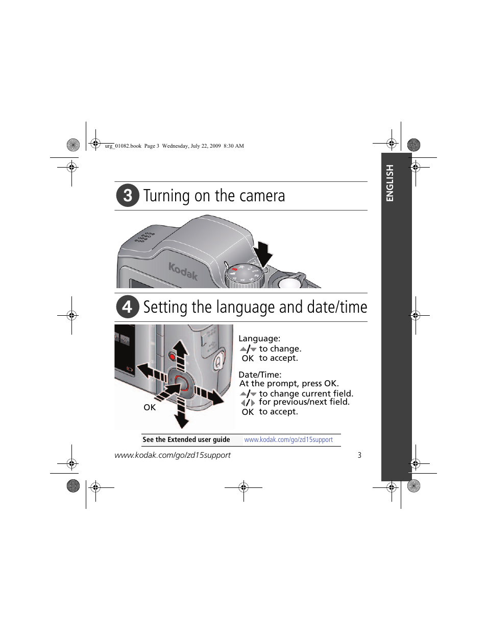 Turning on the camera, Setting the language and date/time | Kodak ZD15 User Manual | Page 3 / 27