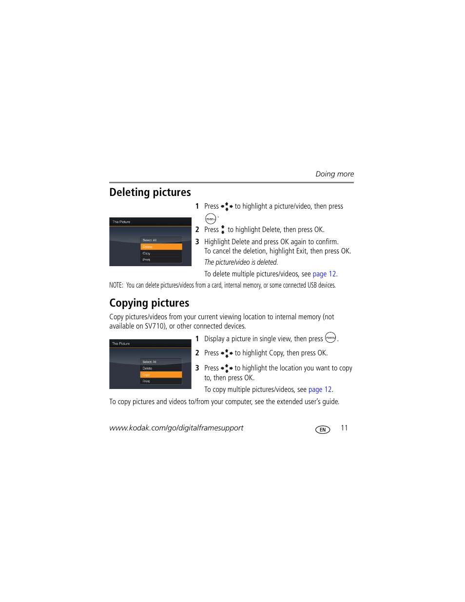 Device, Deleting pictures, Copying pictures | Kodak VCB611AT User Manual | Page 11 / 20