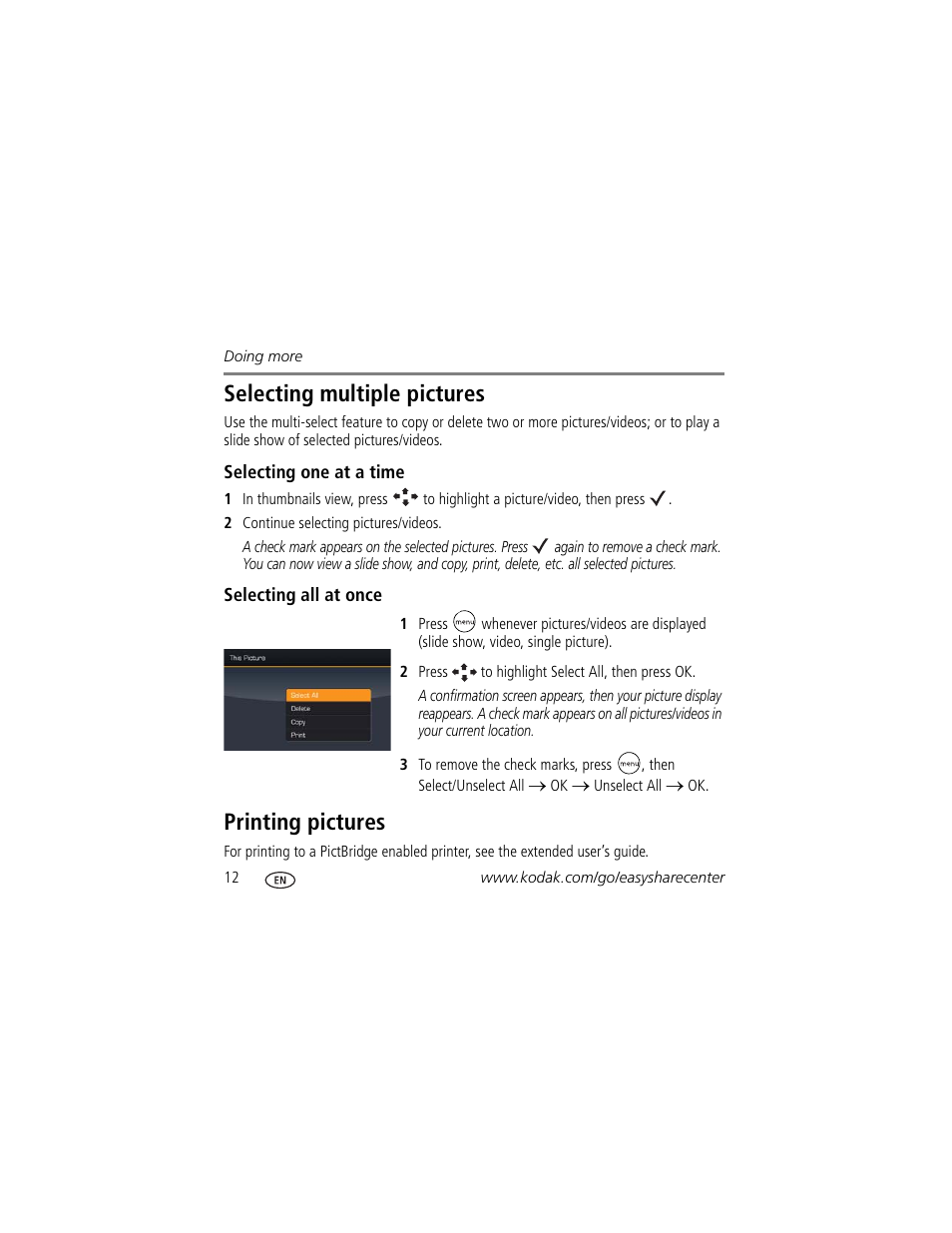 Selecting multiple pictures, Printing pictures | Kodak VCB611AT User Manual | Page 12 / 20