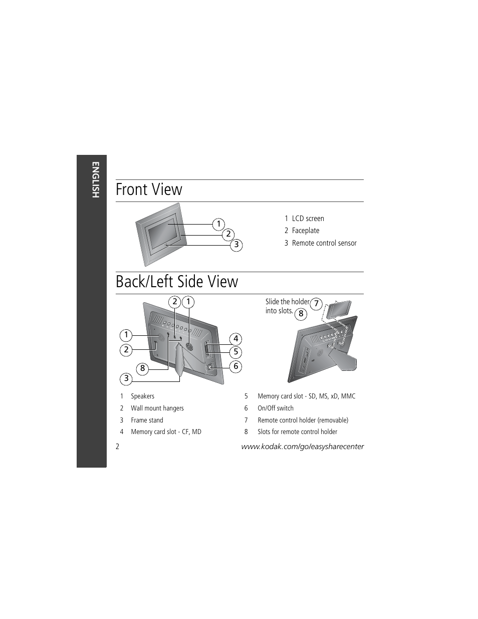 Front view back/left side view | Kodak VCB611AT User Manual | Page 2 / 20