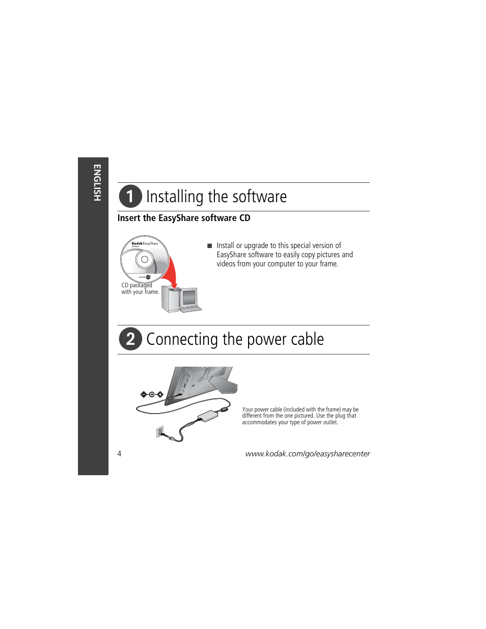 Installing the software, Connecting the power cable | Kodak VCB611AT User Manual | Page 4 / 20