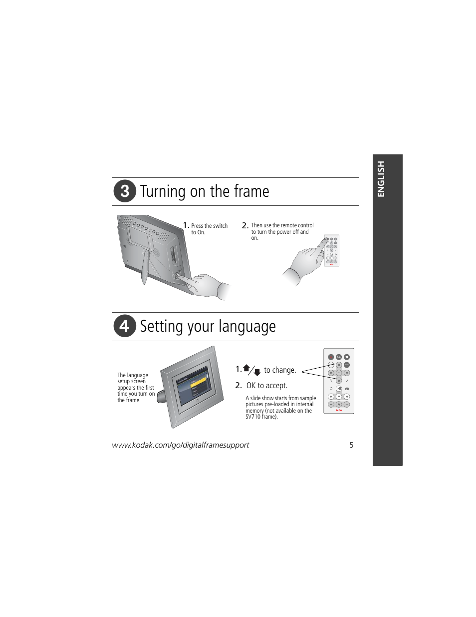 Turning on the frame, Setting your language | Kodak VCB611AT User Manual | Page 5 / 20