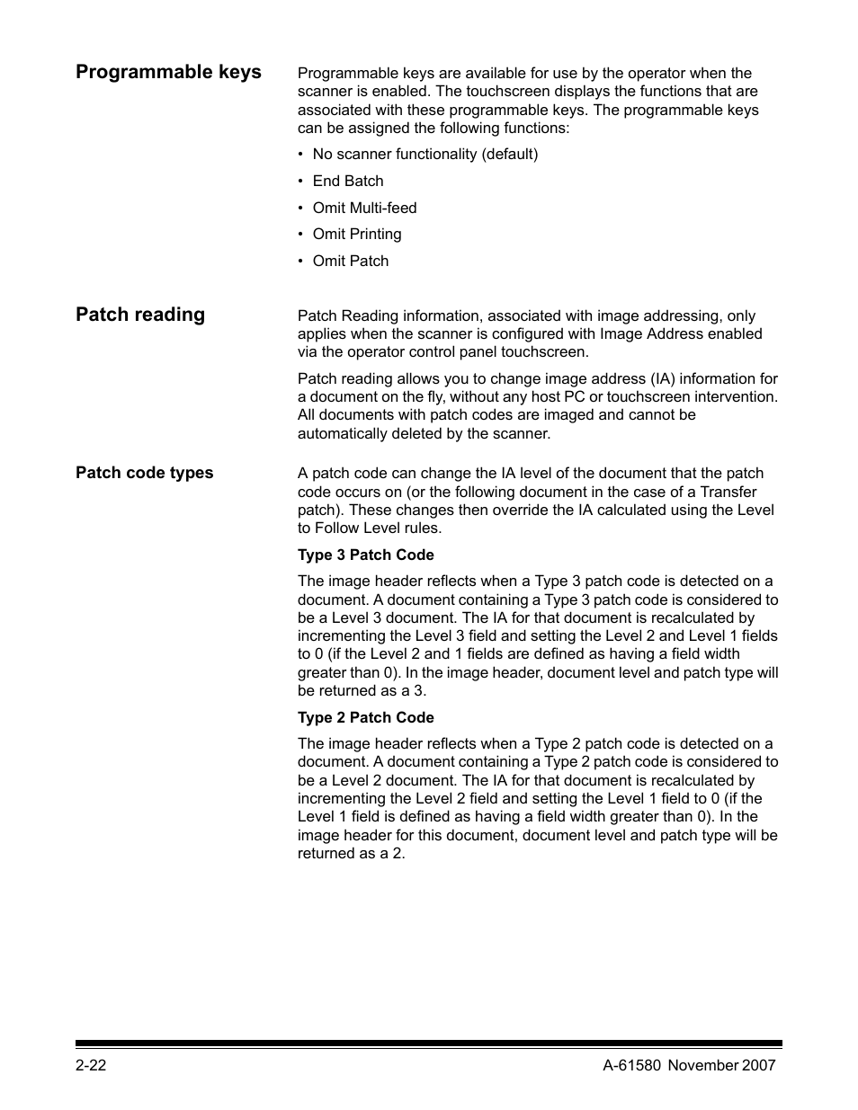 Programmable keys, Patch reading, Patch code types | Kodak A-61580 User Manual | Page 26 / 104