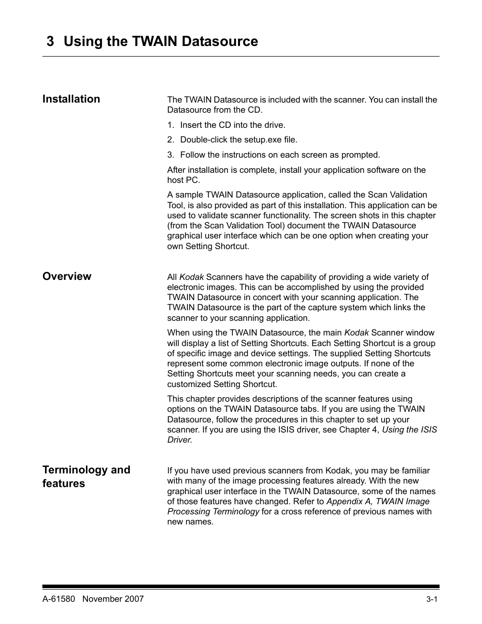 3 using the twain data source, Installation, Overview | Terminology and features, 3 using the twain datasource | Kodak A-61580 User Manual | Page 29 / 104