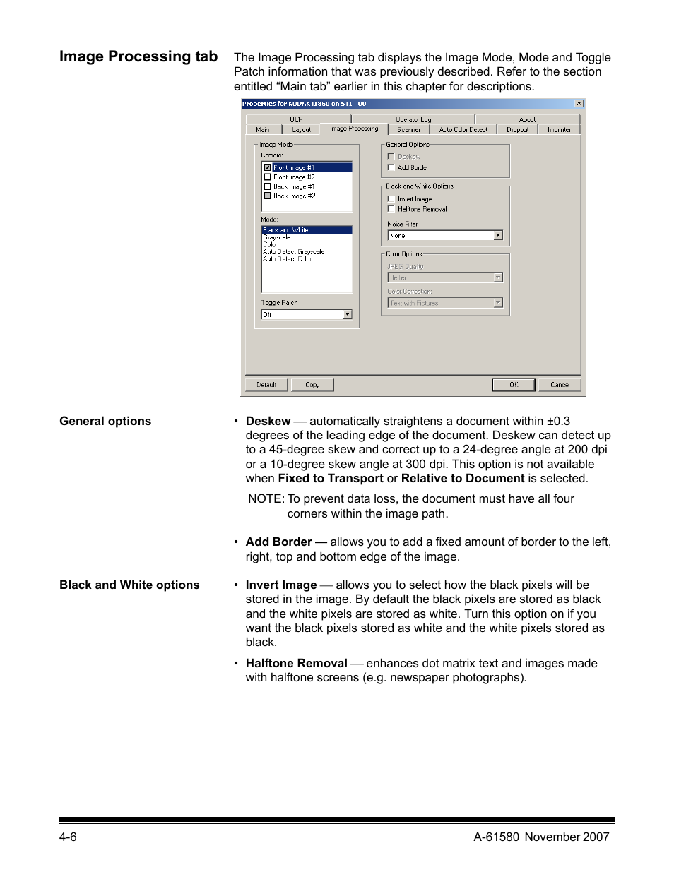 Image processing tab, General options, Black and white options | Kodak A-61580 User Manual | Page 81 / 104