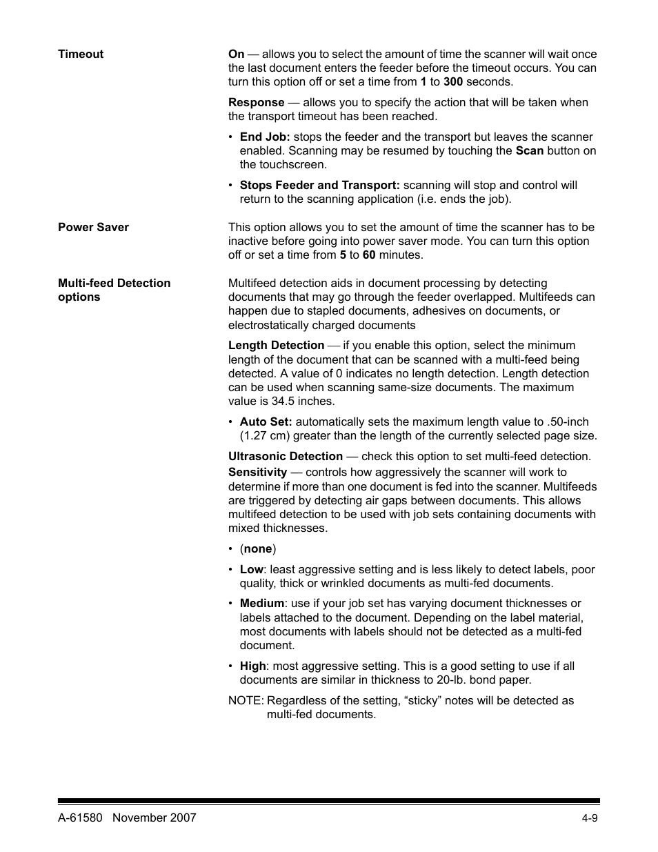 Timeout, Power saver, Multi-feed detection options | Kodak A-61580 User Manual | Page 84 / 104