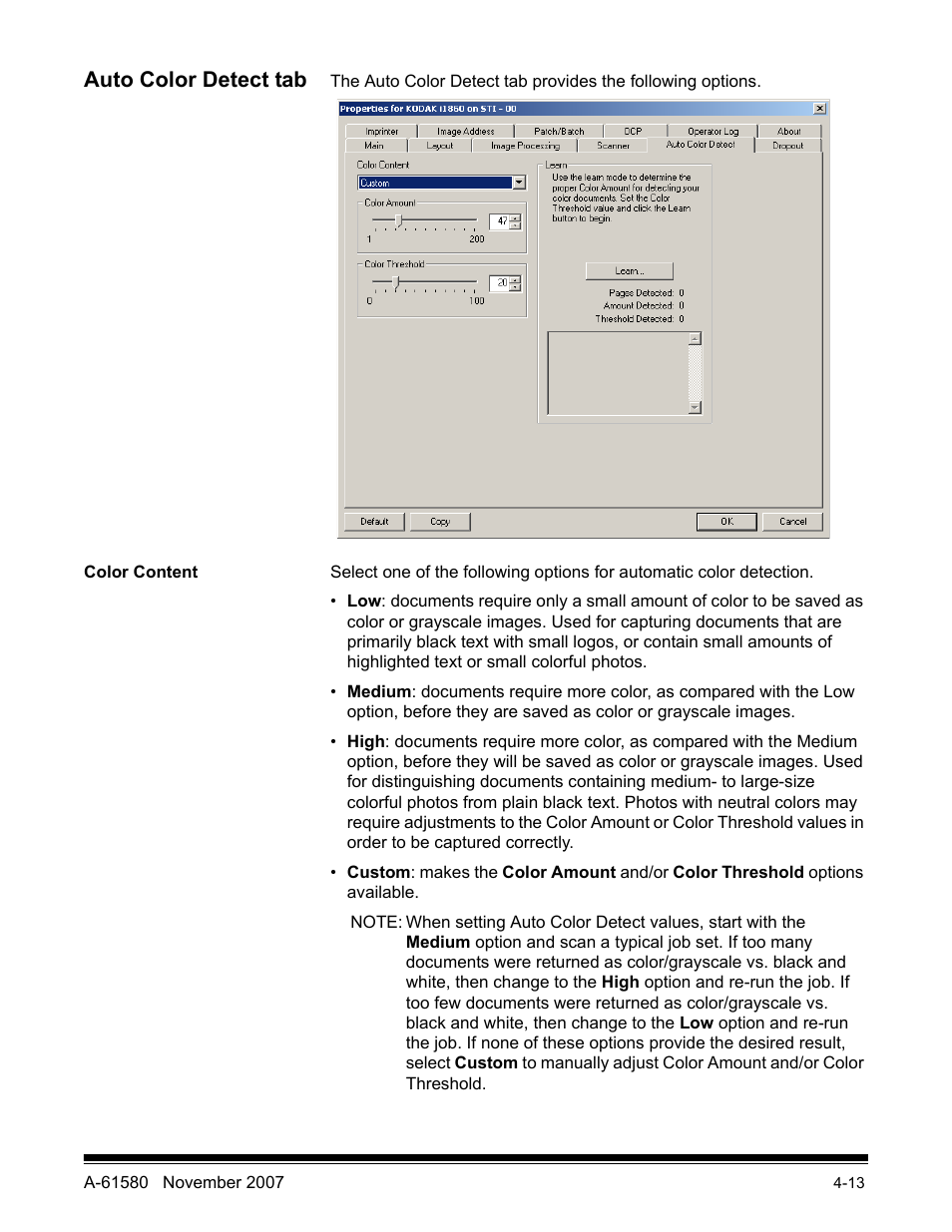 Auto color detect tab, Color content | Kodak A-61580 User Manual | Page 88 / 104