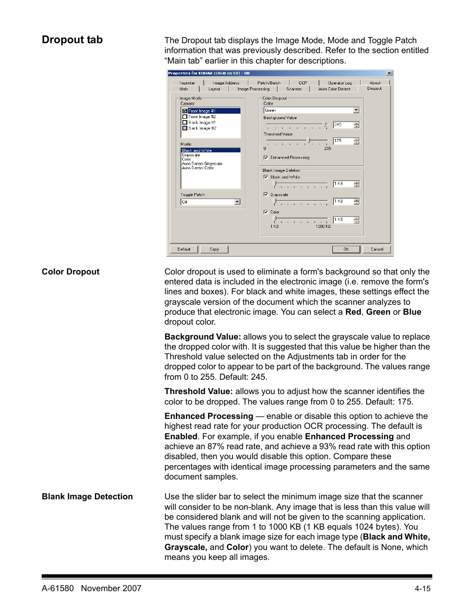 Dropout tab, Color dropout, Blank image detection | Kodak A-61580 User Manual | Page 90 / 104