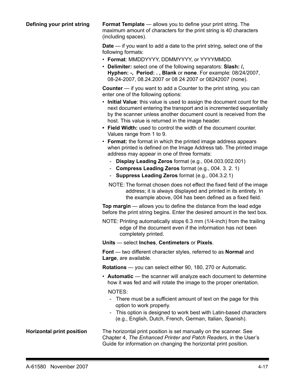 Defining your print string, Horizontal print position | Kodak A-61580 User Manual | Page 92 / 104