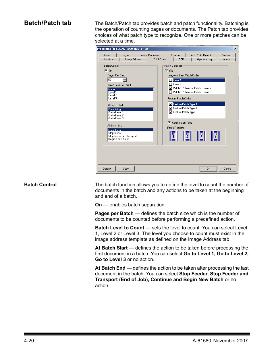 Batch/patch tab, Batch control | Kodak A-61580 User Manual | Page 95 / 104