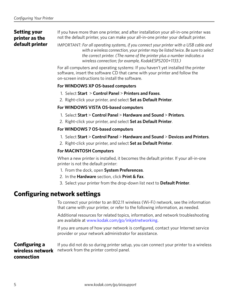 Setting your printer as the default printer, Configuring network settings, Configuring a wireless network connection | Kodak ESP 5200 Series User Manual | Page 10 / 62