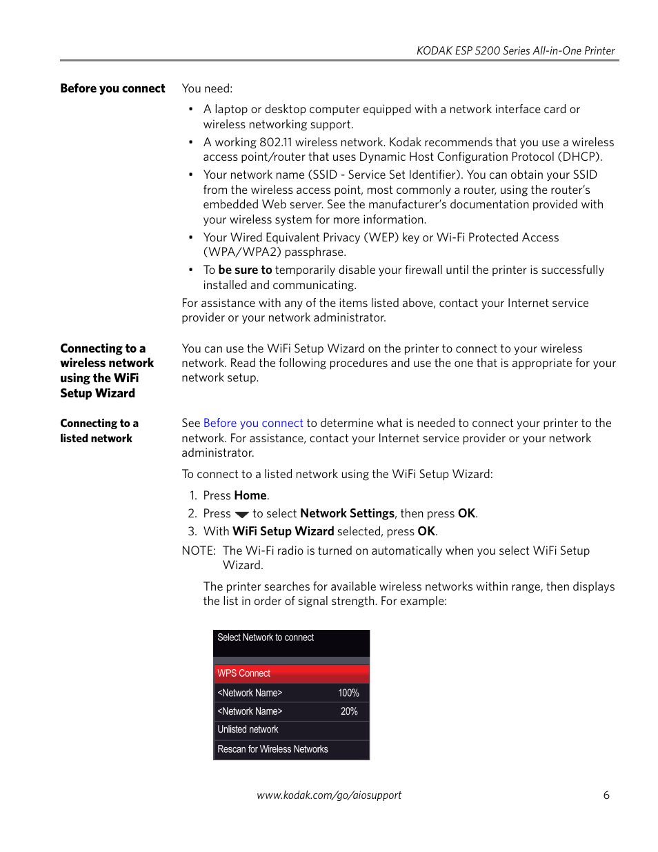 Before you connect, Connecting to a listed network | Kodak ESP 5200 Series User Manual | Page 11 / 62