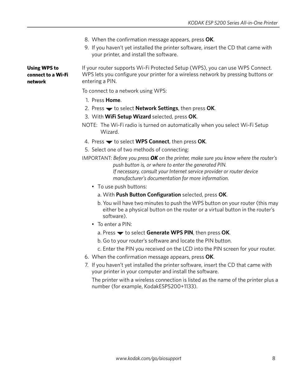 Using wps to connect to a wi-fi network | Kodak ESP 5200 Series User Manual | Page 13 / 62