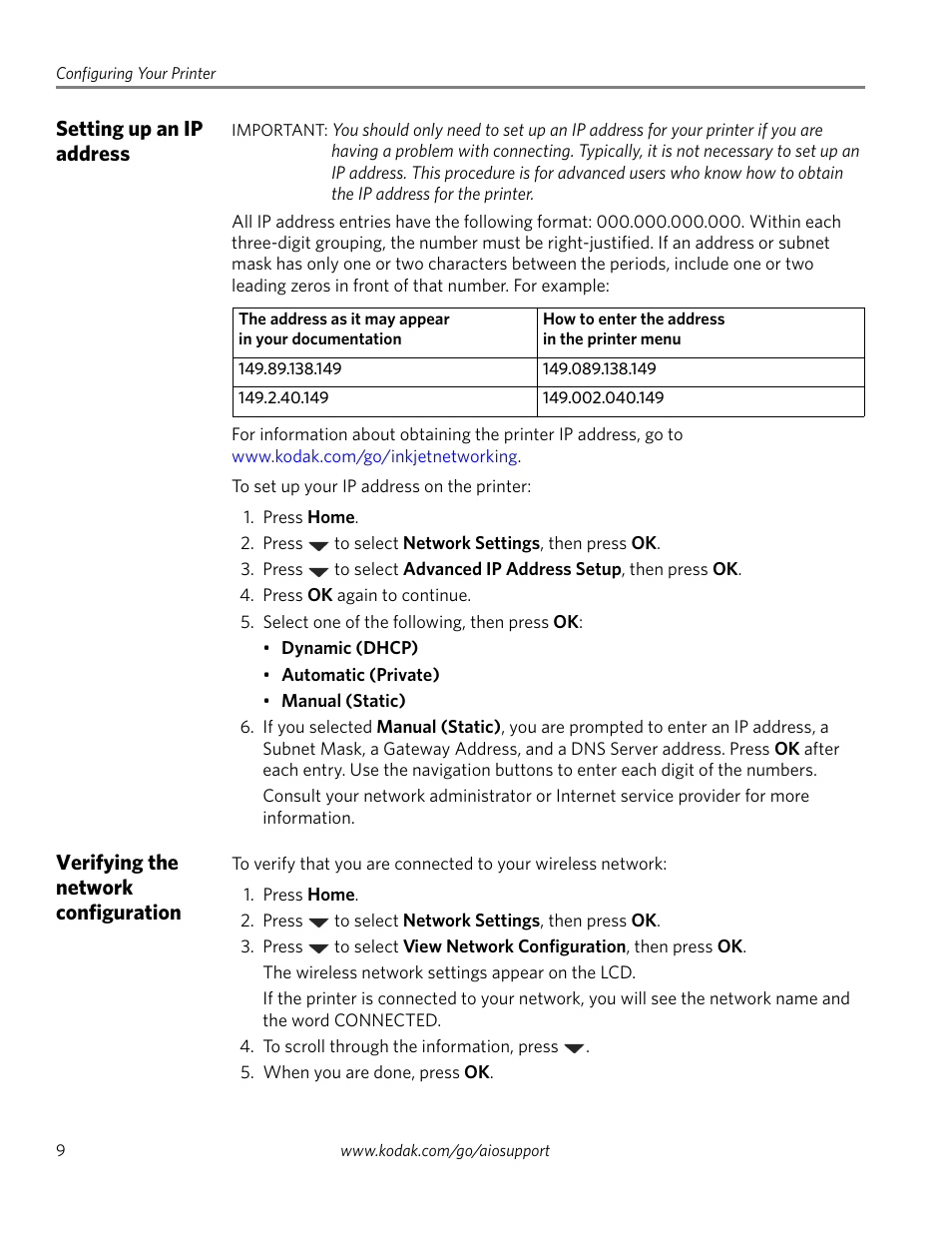 Setting up an ip address, Verifying the network configuration | Kodak ESP 5200 Series User Manual | Page 14 / 62