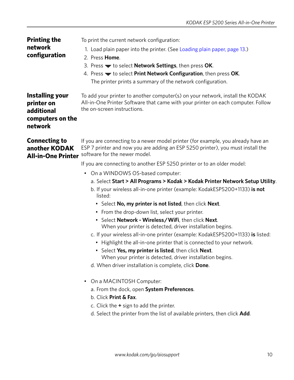 Printing the network configuration, Connecting to another kodak all-in-one printer | Kodak ESP 5200 Series User Manual | Page 15 / 62