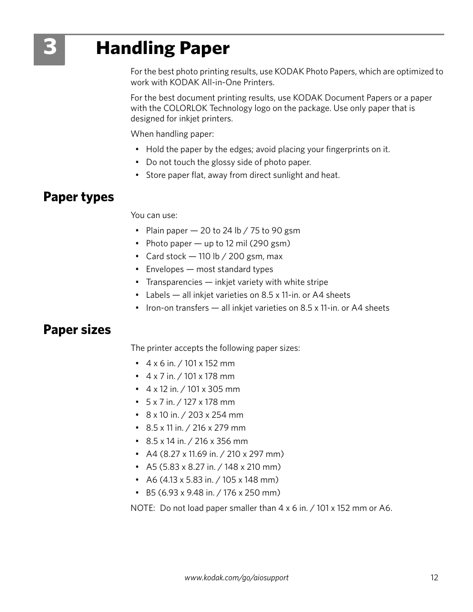 3 handling paper, Paper types, Paper sizes | Paper types paper sizes, Handling paper | Kodak ESP 5200 Series User Manual | Page 17 / 62