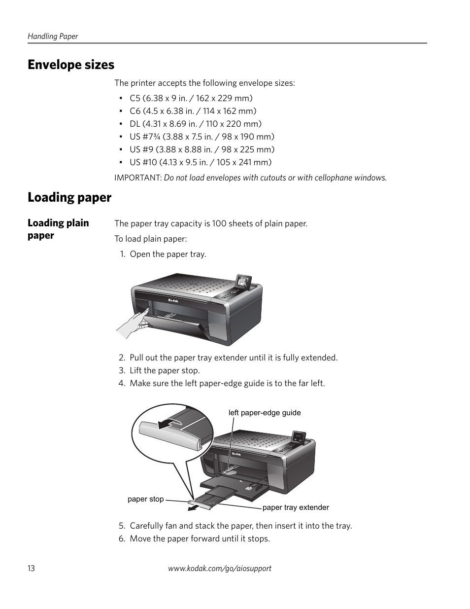 Envelope sizes, Loading paper, Loading plain paper | Envelope sizes loading paper | Kodak ESP 5200 Series User Manual | Page 18 / 62