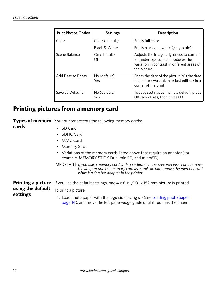 Printing pictures from a memory card, Types of memory cards, Printing a picture using the default settings | Kodak ESP 5200 Series User Manual | Page 22 / 62