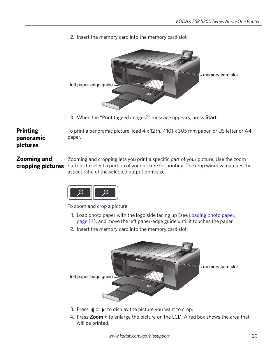 Printing panoramic pictures, Zooming and cropping pictures | Kodak ESP 5200 Series User Manual | Page 25 / 62