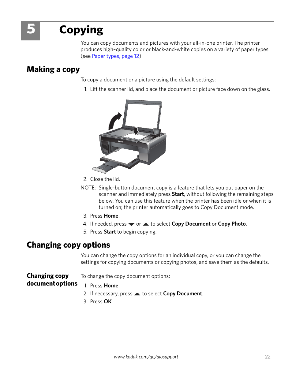 5 copying, Making a copy, Changing copy options | Changing copy document options, Making a copy changing copy options, Copying | Kodak ESP 5200 Series User Manual | Page 27 / 62